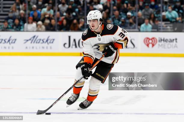 Jamie Drysdale of the Anaheim Ducks skates with the puck against the Seattle Kraken during the first period on November 11, 2021 at Climate Pledge...