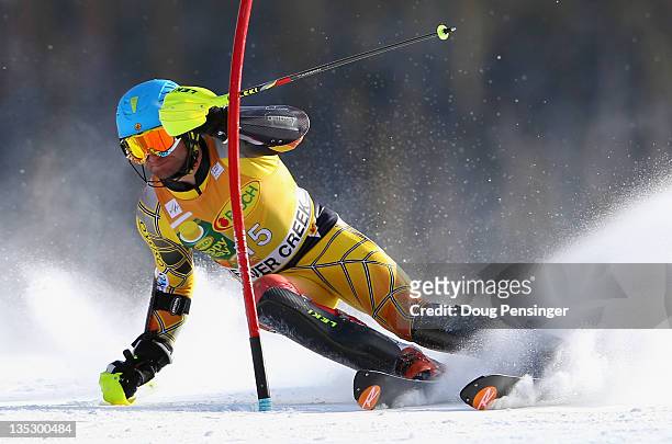 Michael Janyk of Canada skis to 19th place in the men's slalom on the Birds of Prey at the Audi FIS World Cup on December 8, 2011 in Beaver Creek,...