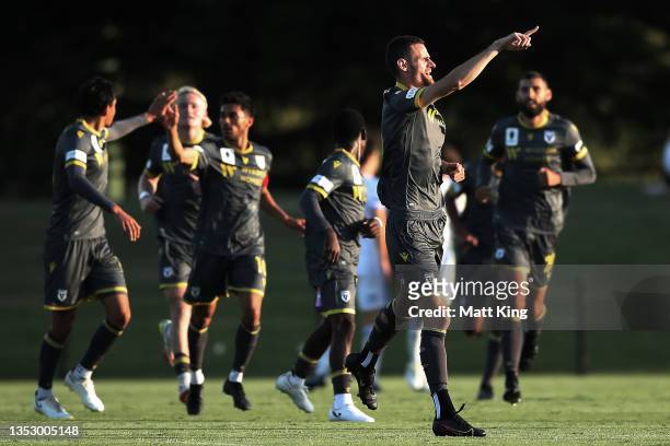 Aleksandar Jovanovic of Macarthur FC celebrates scoring a goal during the FFA Cup round of 32 match between Newcastle Olympic FC and Macarthur FC at...