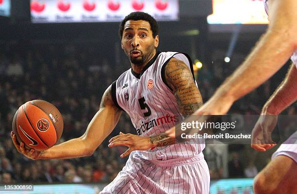 Acie Law, #5 of Partizan mt:s Belgrade in action during the 2011-2012 Turkish Airlines Euroleague Regular Season Game Day 8 between Belgacom Spirou...