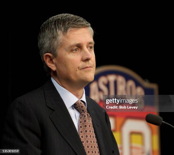 Jeff Luhnow answers questions from the media as the newly-hired Houston Astros general manager during a press conference at Minute Maid Park on...