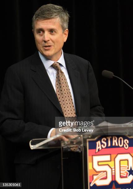 Jeff Luhnow answers questions from the media as the newly-hired Houston Astros general manager during a press conference at Minute Maid Park on...