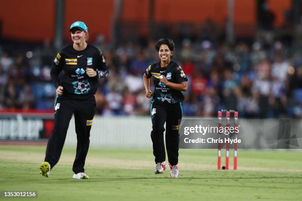 Poonam Yadav of the Heat celebrates dismissing Shafali Verna of the Sixers during the Women's Big Bash League match between the Brisbane Heat and the...