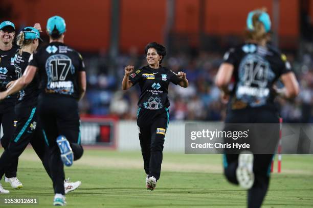 Poonam Yadav of the Heat celebrates dismissing Shafali Verna of the Sixers during the Women's Big Bash League match between the Brisbane Heat and the...