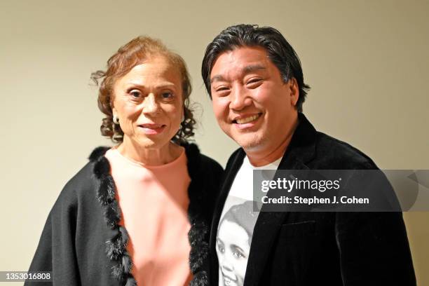 Lonnie Ali and Chef Edward Lee pose during the The Eighth Annual Muhammad Ali Humanitarian Awards at Muhammad Ali Center on November 12, 2021 in...