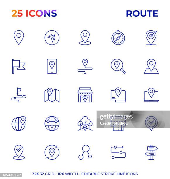 route editable stroke line icon series - kompass stock-grafiken, -clipart, -cartoons und -symbole