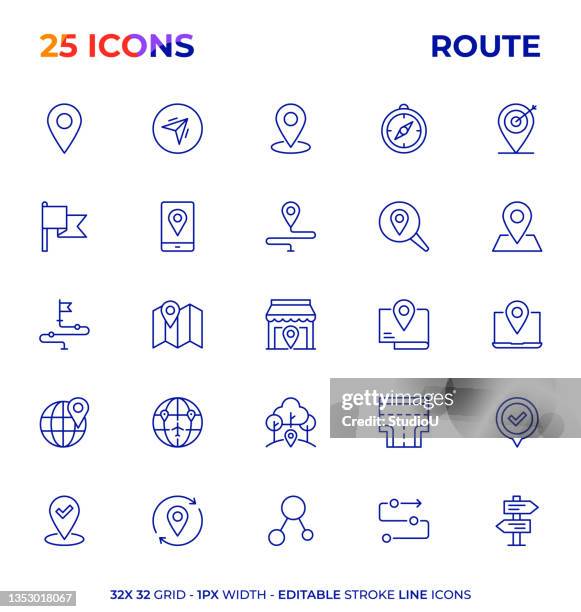 ilustrações, clipart, desenhos animados e ícones de série de ícones da linha de traçado editável de rota - map pin icon