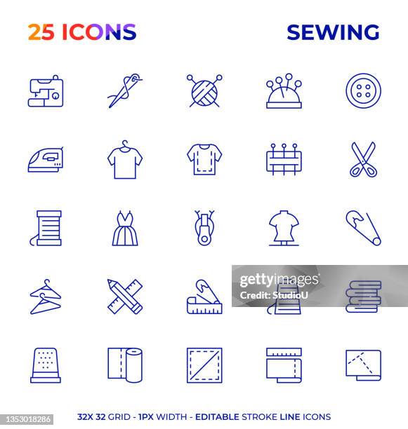 illustrazioni stock, clip art, cartoni animati e icone di tendenza di cucito modificabile linea di tratti serie di icone - industria tessile