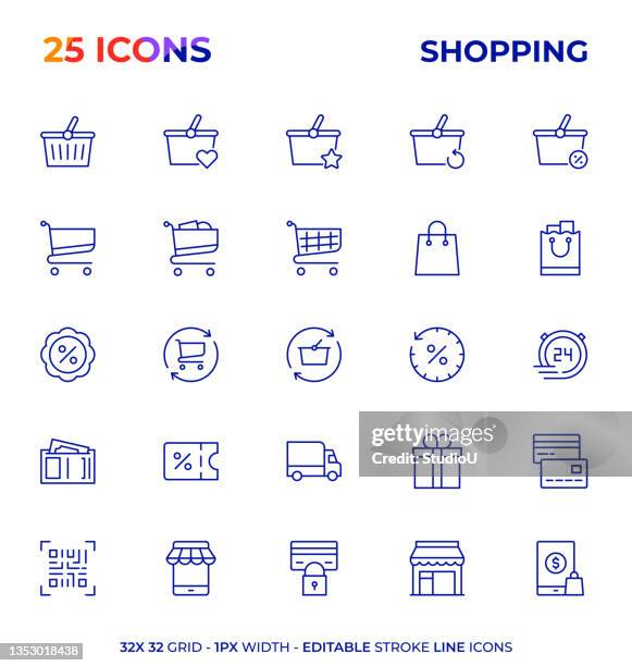 bearbeitbare konturlinien-symbolserie für das einkaufen - einkaufskorb stock-grafiken, -clipart, -cartoons und -symbole