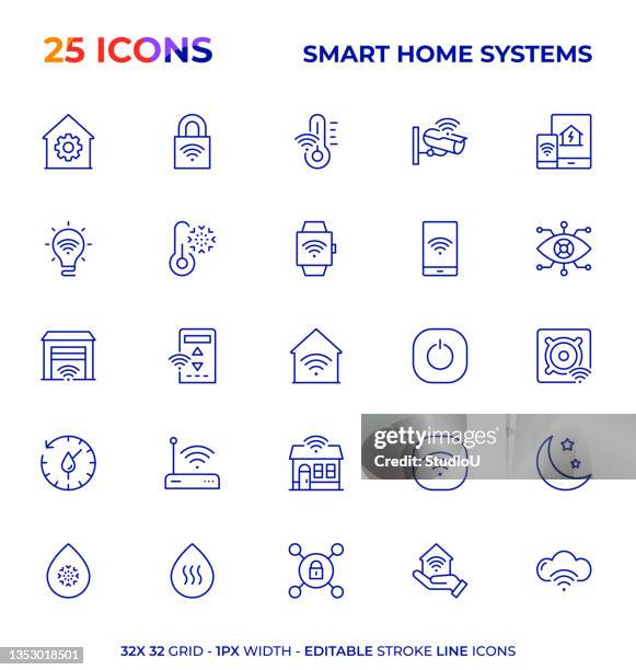 スマートホームシステム編集可能な線アイコンシリーズ - ホームオートメーション点のイラスト素材／クリップアート素材／マンガ素材／アイコン素材