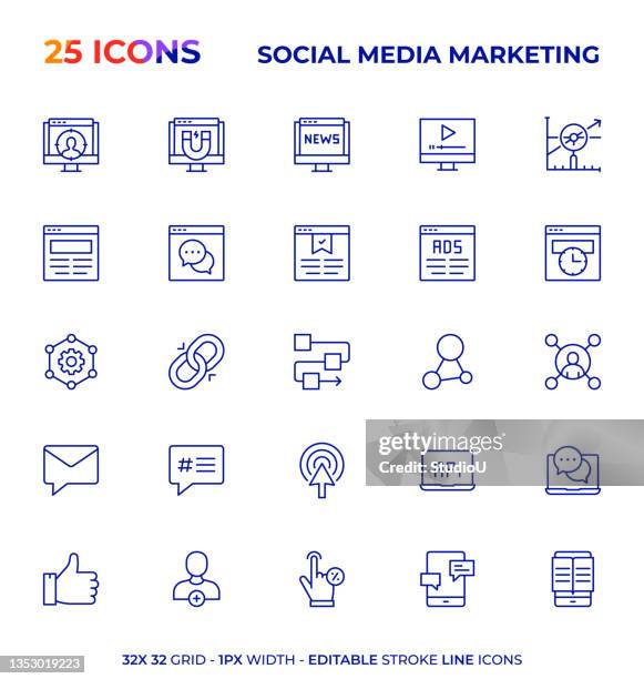 stockillustraties, clipart, cartoons en iconen met social media marketing editable stroke line icon series - application programming interface