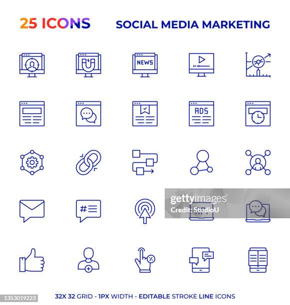 stockillustraties, clipart, cartoons en iconen met social media marketing editable stroke line icon series - socialmediamarketing