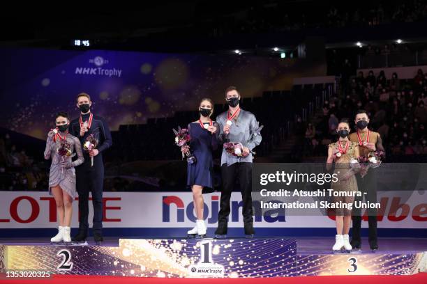 Silver medalists Madison Chock and Evan Bates of the United States, gold medalists Victoria Sinitsina and Nikita Katsalapov of Russia and bronze...