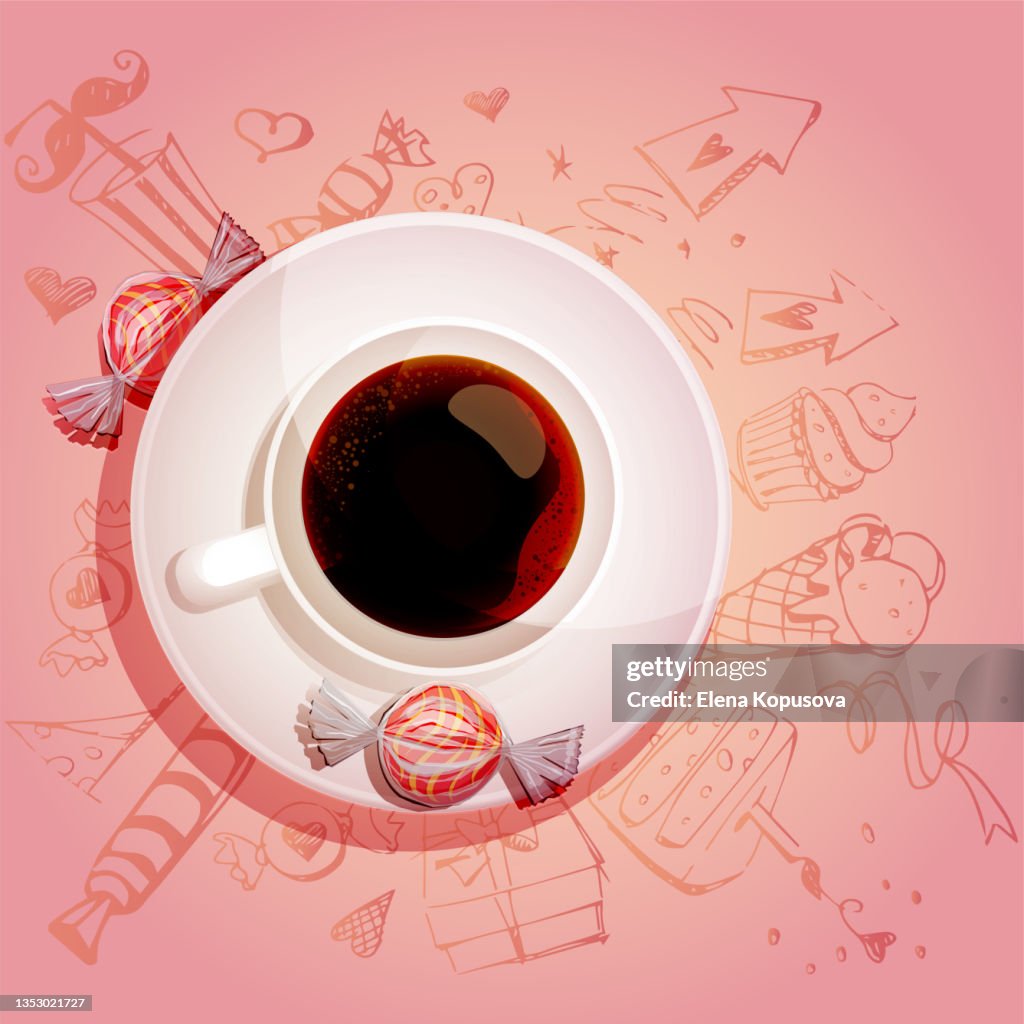 Cup of coffee with candies and drawings from hand on abstract colored background.