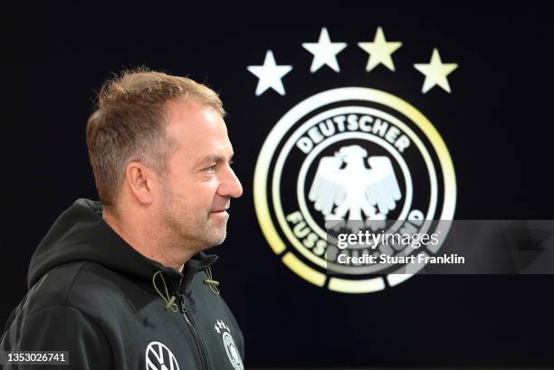 Hansi Flick, head coach of the German national football team talks with the media during a press conference of the German national football team on...