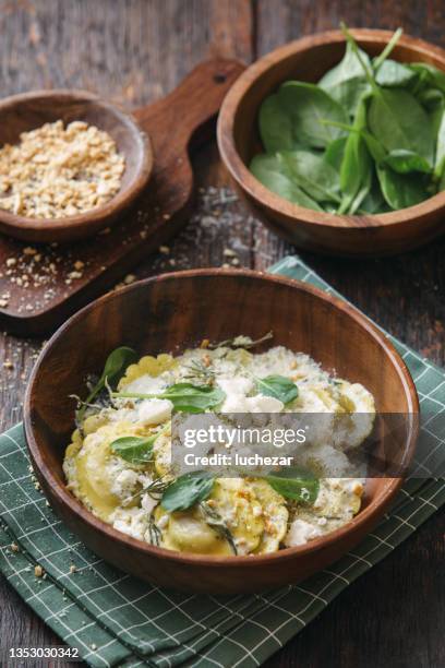 vegan spinach and ricotta ravioli - ricotta cheese stock pictures, royalty-free photos & images