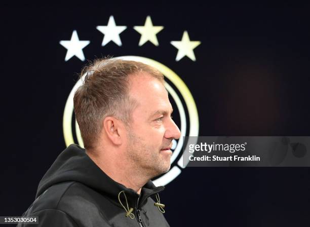 Hansi Flick, head coach of the German national football team talks with the media during a press conference of the German national football team on...