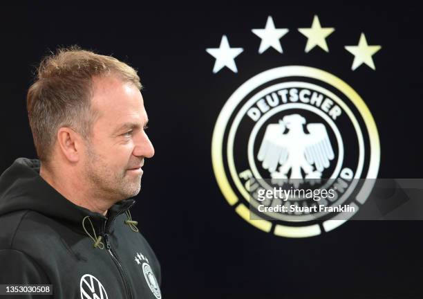 Hansi Flick, head coach of the German national football team talks with the media during a press conference of the German national football team on...
