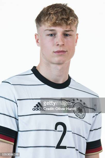 Julian Eitschberger of Germany pose during U18 Germany Team Presentation on November 09, 2021 in Bremen, Germany.