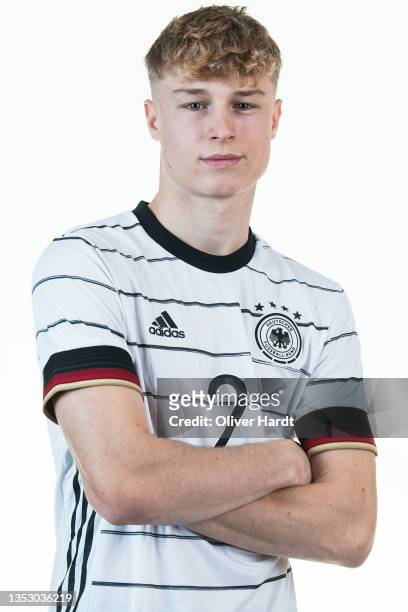 Julian Eitschberger of Germany pose during U18 Germany Team Presentation on November 09, 2021 in Bremen, Germany.