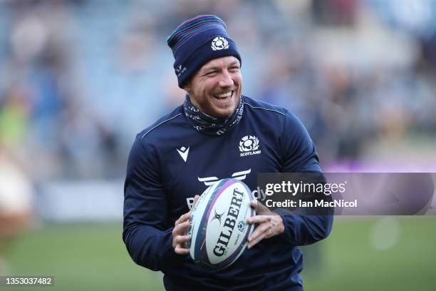 Hamish Watson of Scotland warms up prior to the Autumn Nations Series match between Scotland and South Africa at Murrayfield Stadium on November 13,...