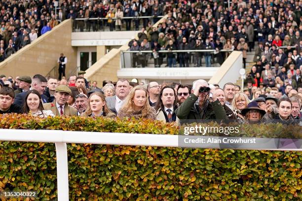 Large crowd watch the racing at Cheltenham Racecourse on November 13, 2021 in Cheltenham, England.