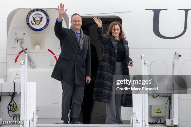 United States Vice President Kamala Harris and her husband Douglas Emhoff are seen leaving France at Orly Airport on November 13, 2021 in Paris,...