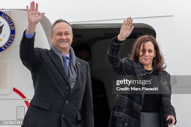 United States Vice President Kamala Harris and her husband Douglas Emhoff are seen leaving France at Orly Airport on November 13, 2021 in Paris,...