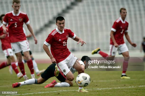 Damir Shaihtdinov of Russia in action during the UEFA Under-19 Championship Qualifier group stage match between U19 Germany and U19 Russia at...