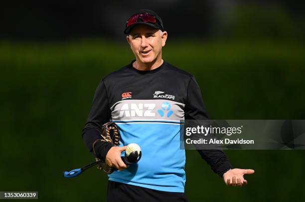 New Zealand Head Coach, Gary Stead reacts during a New Zealand Net Session ahead of the ICC Men's T20 World Cup final match between New Zealand and...