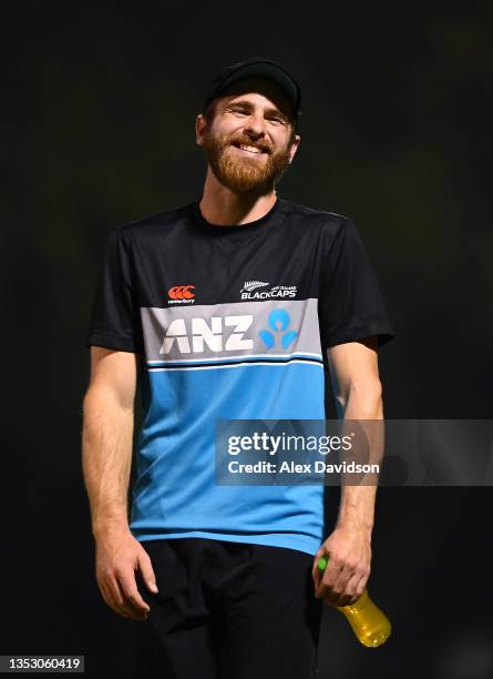 Kane Williamson of New Zealand reacts during a New Zealand Net Session ahead of the ICC Men's T20 World Cup final match between New Zealand and...