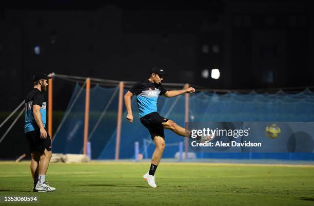 Tim Southee of New Zealand plays football during a New Zealand Net Session ahead of the ICC Men's T20 World Cup final match between New Zealand and...