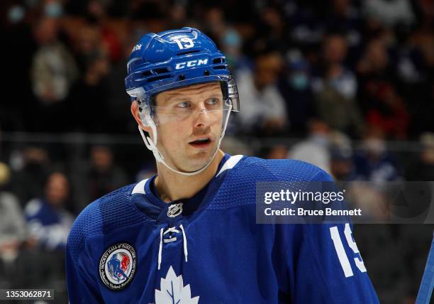 Jason Spezza of the Toronto Maple Leafs skates against the Calgary Flames at the Scotiabank Arena on November 12, 2021 in Toronto, Ontario, Canada.