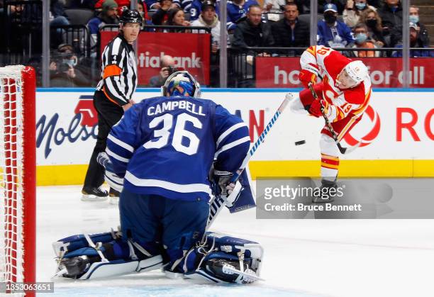 Jack Campbell of the Toronto Maple Leafs stops Matthew Tkachuk of the Calgary Flames at the Scotiabank Arena on November 12, 2021 in Toronto,...