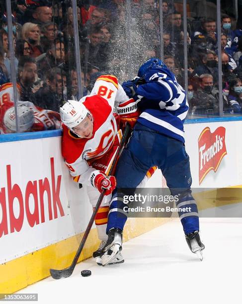 Tyler Pitlick of the Calgary Flames is checked by Timothy Liljegren of the Toronto Maple Leafs at the Scotiabank Arena on November 12, 2021 in...