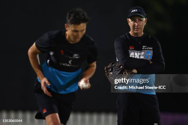 New Zealand head coach Gary Stead keeps a close eye on Trent Boult during the New Zealand nets session prior to the ICC Men's T20 World Cup final...