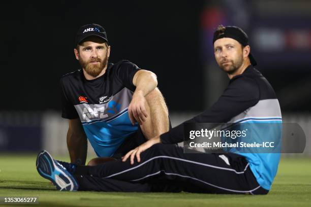 New Zealand captain Kane Williamson alongside Devon Conway during the New Zealand nets session prior to the ICC Men's T20 World Cup final match...