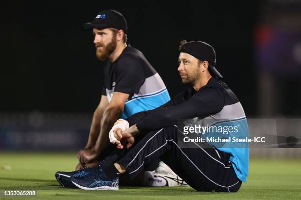 New Zealand captain Kane Williamson alongside Devon Conway during the New Zealand nets session prior to the ICC Men's T20 World Cup final match...