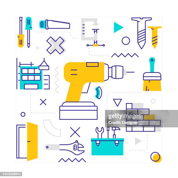 construction industry related modern line style vector illustration - electrical contractor stock illustrations