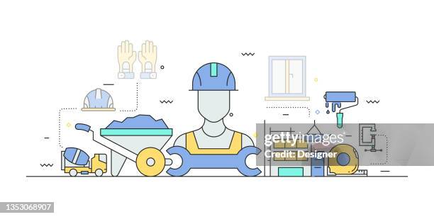 construction industry related modern line style vector illustration - electrical contractor stock illustrations