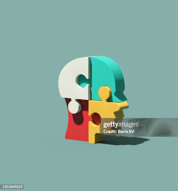head made from jigsaw puzzles - brain jigsaw stock pictures, royalty-free photos & images