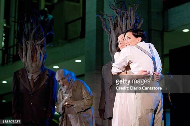 Aleksandra Kurzak and Kate Lindsey play the roles of Hansel and Gretel during the 2011 Metropolitan Opera Tree Lighting ceremony at The Metropolitan...