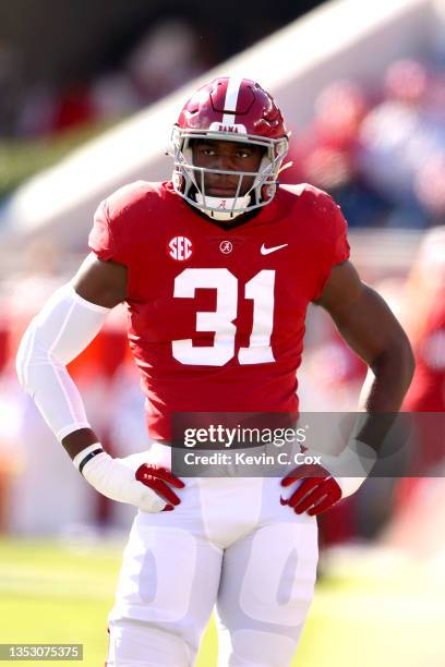 Will Anderson Jr. #31 of the Alabama Crimson Tide during pregame warm-ups against the New Mexico State Aggies at Bryant-Denny Stadium on November 13,...