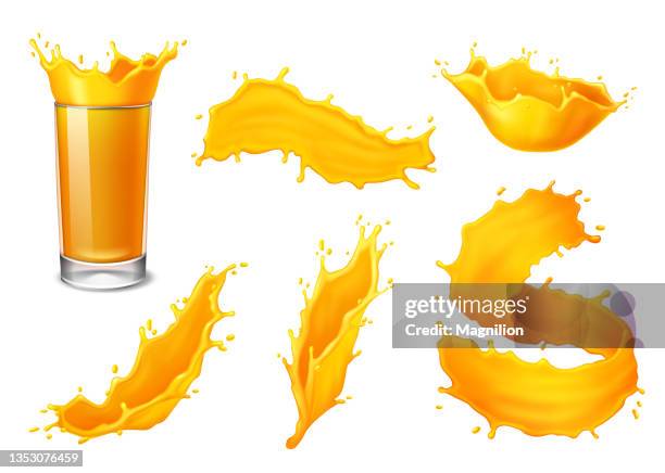 bildbanksillustrationer, clip art samt tecknat material och ikoner med glass of juice and splashes - apelsin