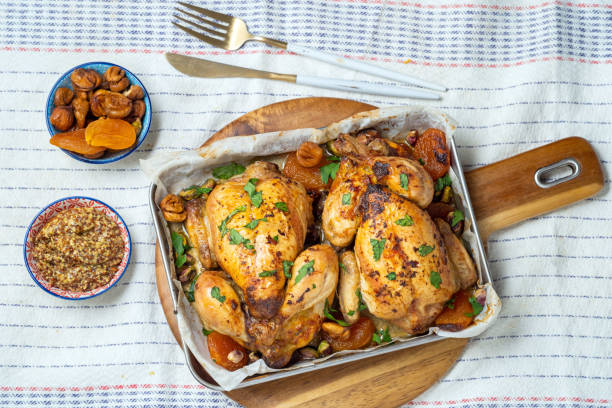 roasted chicken stuffed with dried fruit - turkey stock pictures, royalty-free photos & images