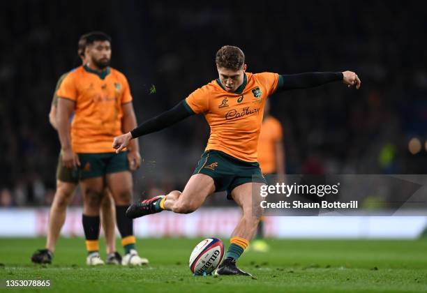 James O'Connor of Australia kicks a penalty during the Autumn Nations Series match between England and Australia at Twickenham Stadium on November...