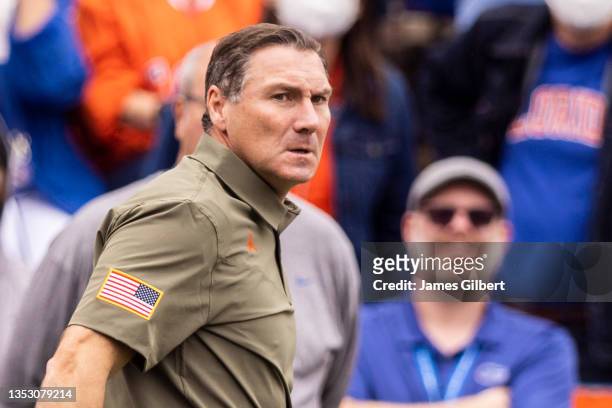 Head coach Dan Mullen of the Florida Gators looks on during the first quarter of a game against the Samford Bulldogs at Ben Hill Griffin Stadium on...