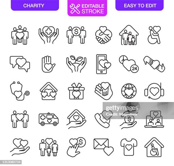 charity-symbole setzen bearbeitbaren strich - fürsorglichkeit stock-grafiken, -clipart, -cartoons und -symbole