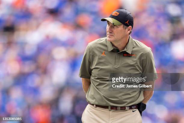 Head coach Dan Mullen of the Florida Gators looks on during the second quarter of a game against the Samford Bulldogs at Ben Hill Griffin Stadium on...