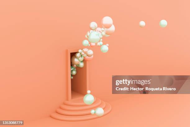 colored spheres coming out of door with pastel color wall, 3d render - pastel colored stock-fotos und bilder